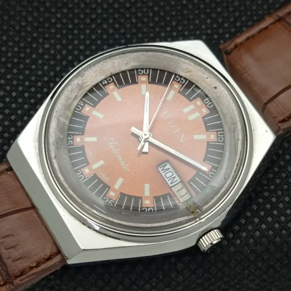 Vintage 1977 Citizen Automatic Mens Silver Watch W/daydate & Red accents